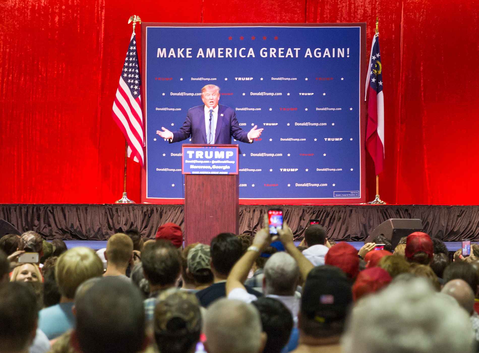 Norcross, GA, USA - October 10, 2015: Presidential candidate and Republican party nominee Donald Trump giving a speech at a rally in Georgia