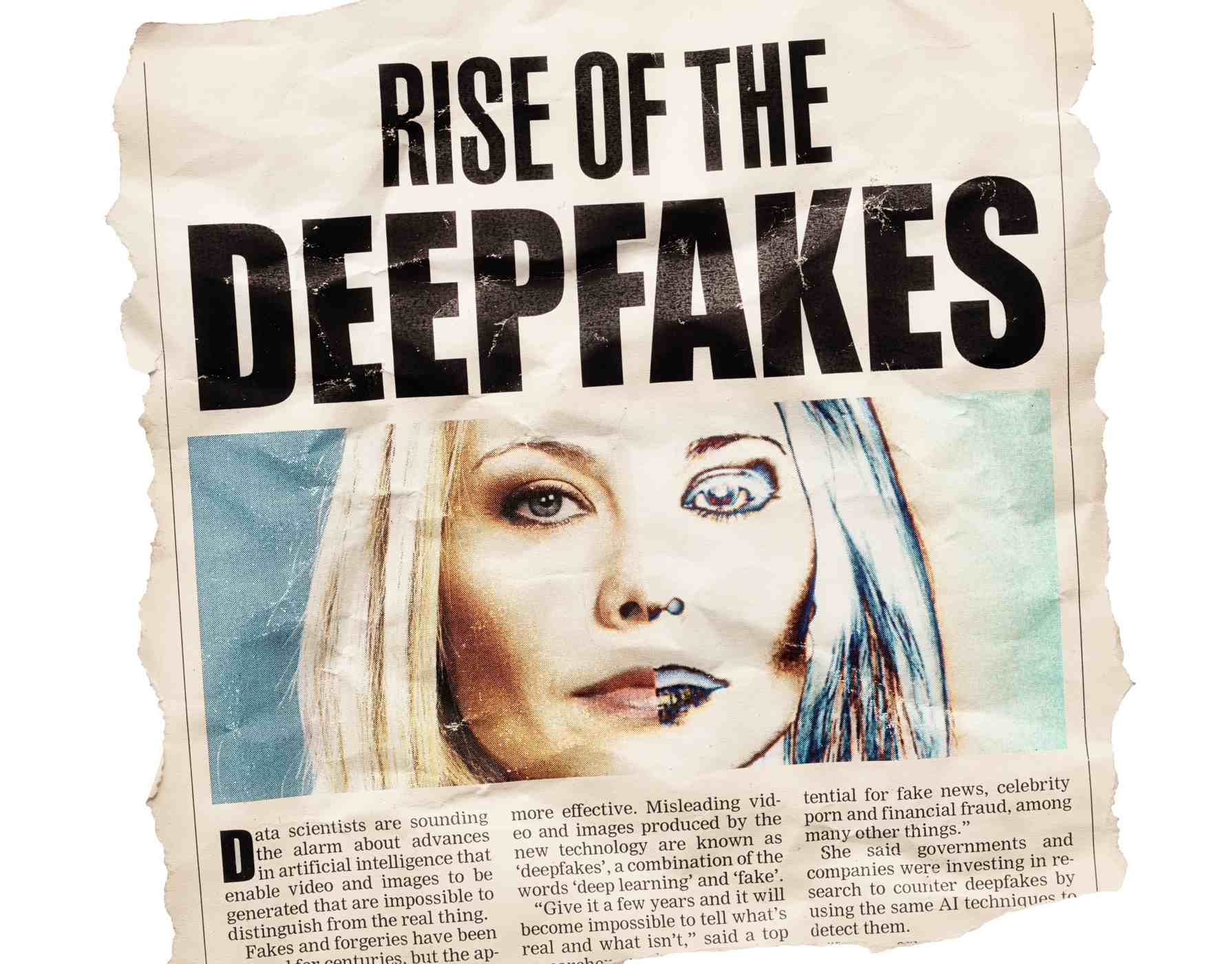 Simulated newspaper clipping about data scientists warning of the threat of deepfakes, videos and images generated by AI that are so good that they can't be distinguished from the real thing. Text was written from scratch by the photographer (an experienced journalist), who also did the design and shot the image (properly model-released), so this image is free of third-party copyright and may be used without restrictions. Although the text was written with plausibility in mind, no claim of accuracy is made about it.