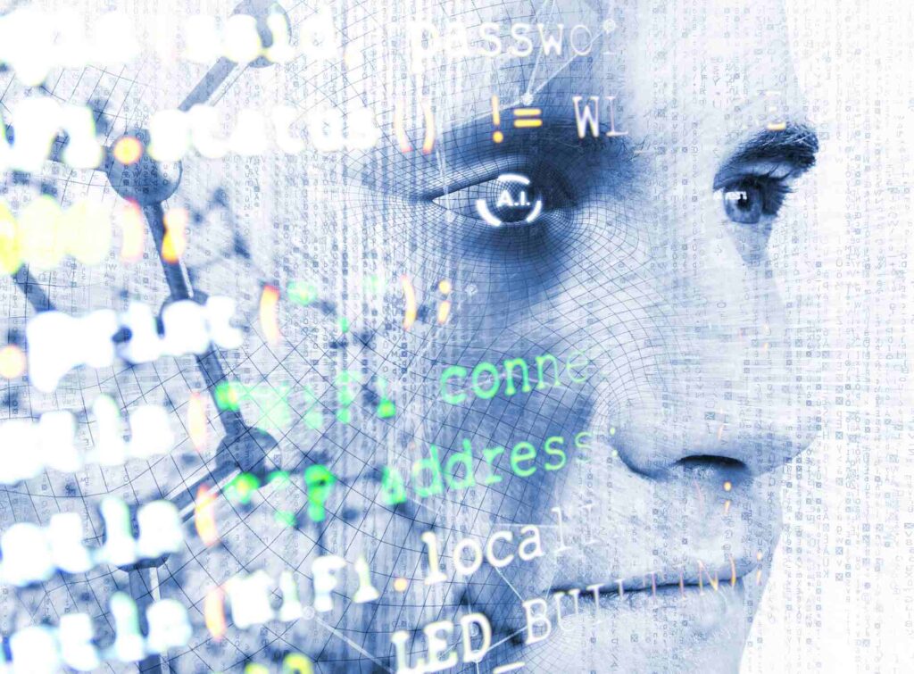 Machine learning systems technology , accurate facial recognition biometric technology and artificial intelligence concept. Double exposure of Human face and programming coded with blue tone image.