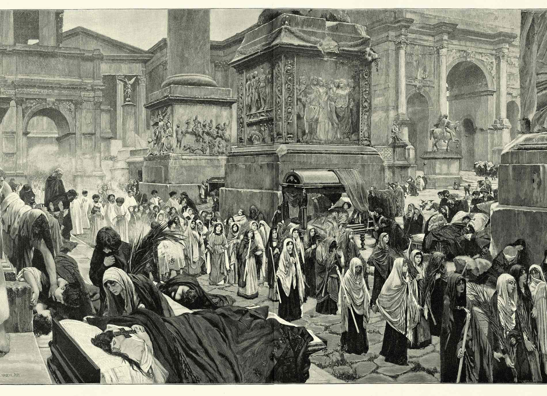 Vintage illustration Ancient Rome during the plague of Justinian or Justinianic plague, a bubonic plague epidemic, after the painting by Adolf Hirémy-Hirschl