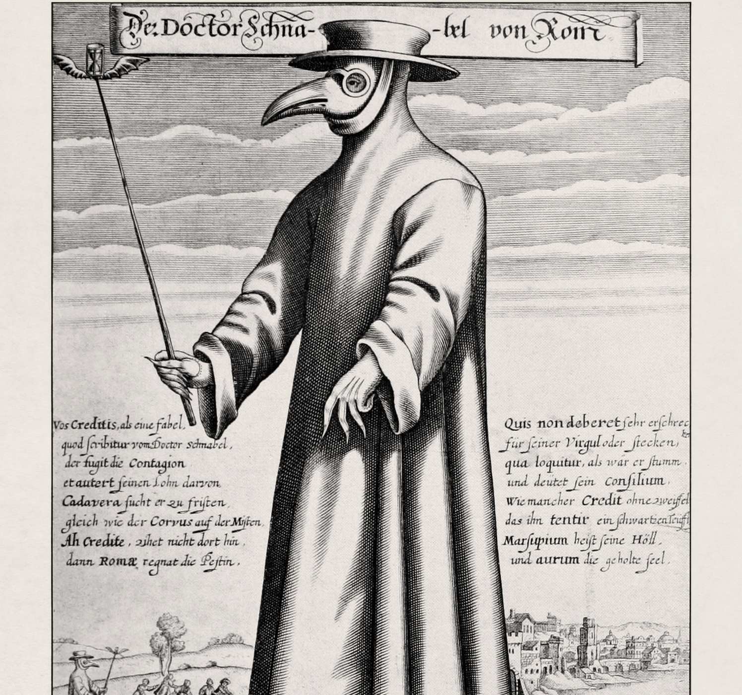 Seventeenth-century illustration by Paul Fürst of a plague doctor in Rome, with a satirical macaronic poem.