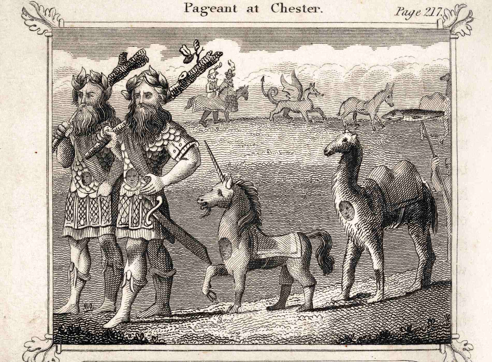 Vintage illustration of Midsummer pageant at Chester, 16th Century people dressed as Giants, unicorns, camels and dragons