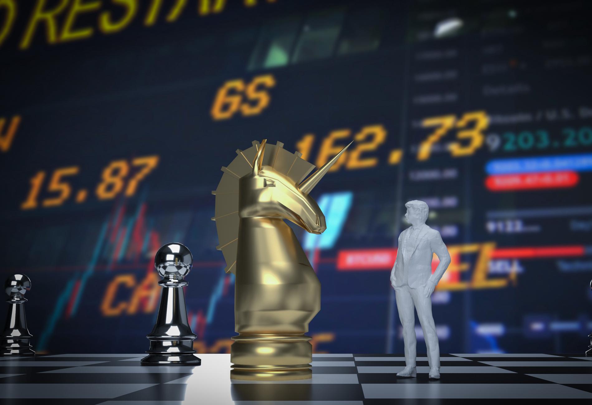 unicorn and man figure on chess board for business concept 3d rendering