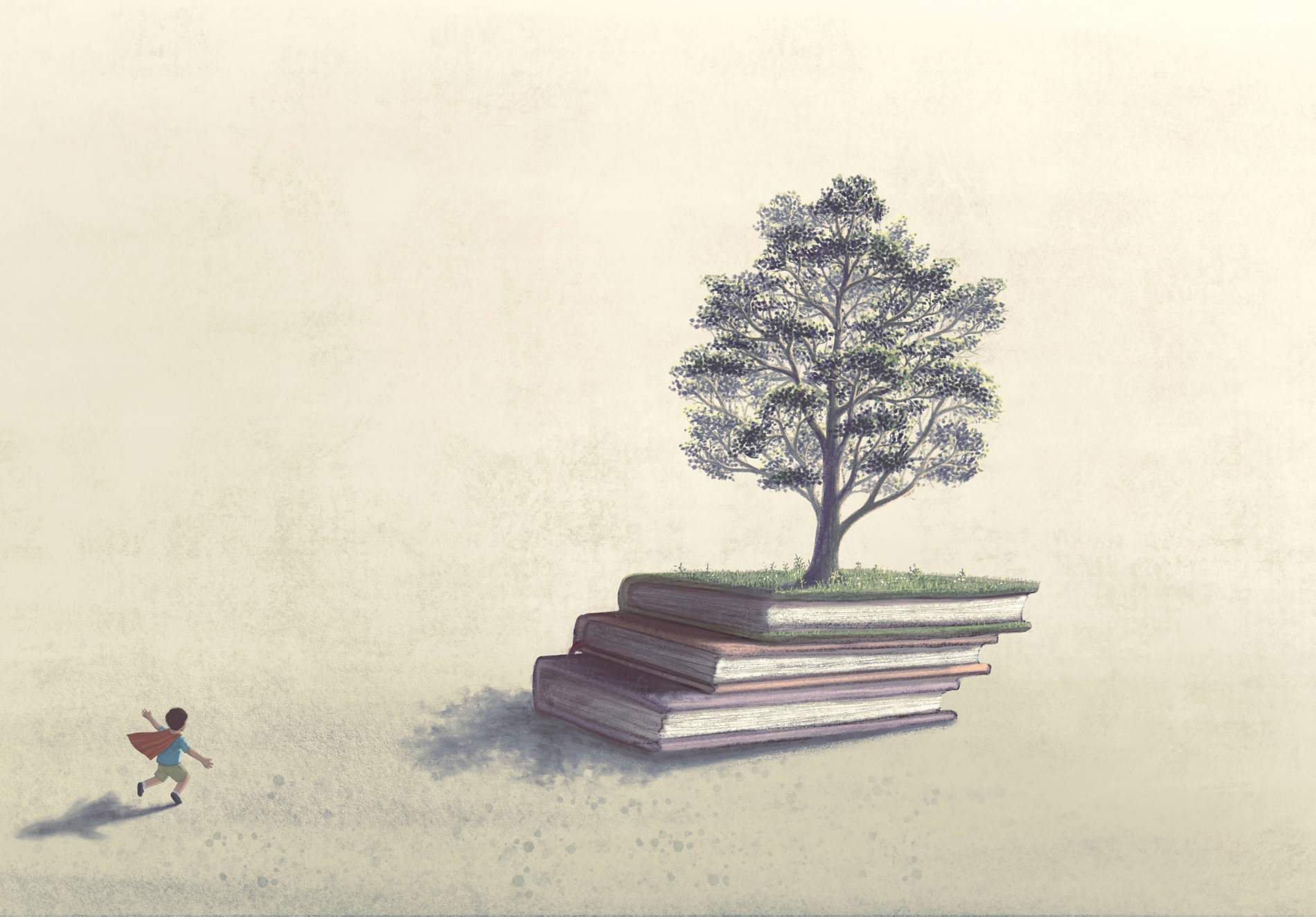 Books of tree and a boy. Concept art of education, learning, child, kid, reading, wisdom, study, school and imagination. creative background, 3d illustration. Surreal artwork. Conceptual drawing.