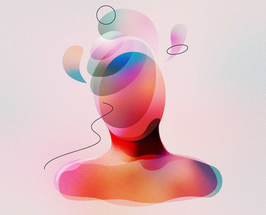 Digital illustration of surrealistic faceless human with spiritual thoughts. Made with vector vibrant color gradient geometry forms. Minimalist textured painting on mental, medical and artistic theme.