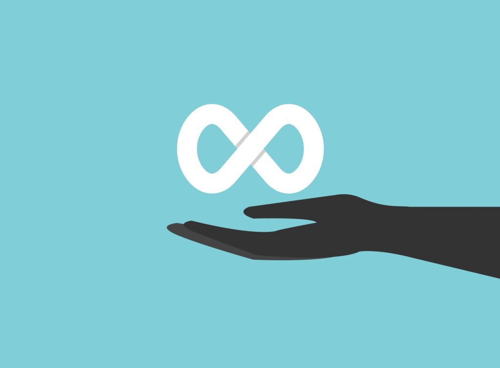 Hand holding infinity symbol community connection of metaverse world global network technology system.