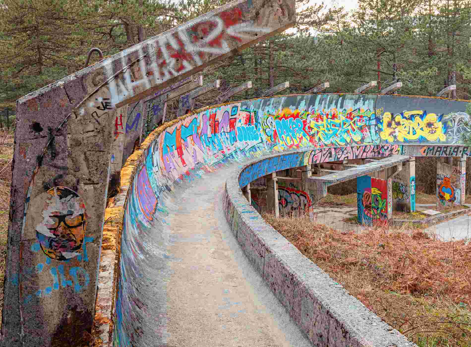 15 March 2024, Sarajevo, Bosnia and Herzegovina: The abandoned bobsled track in Sarajevo's Trebevic Park stands as a reminder of the city's Olympic past.