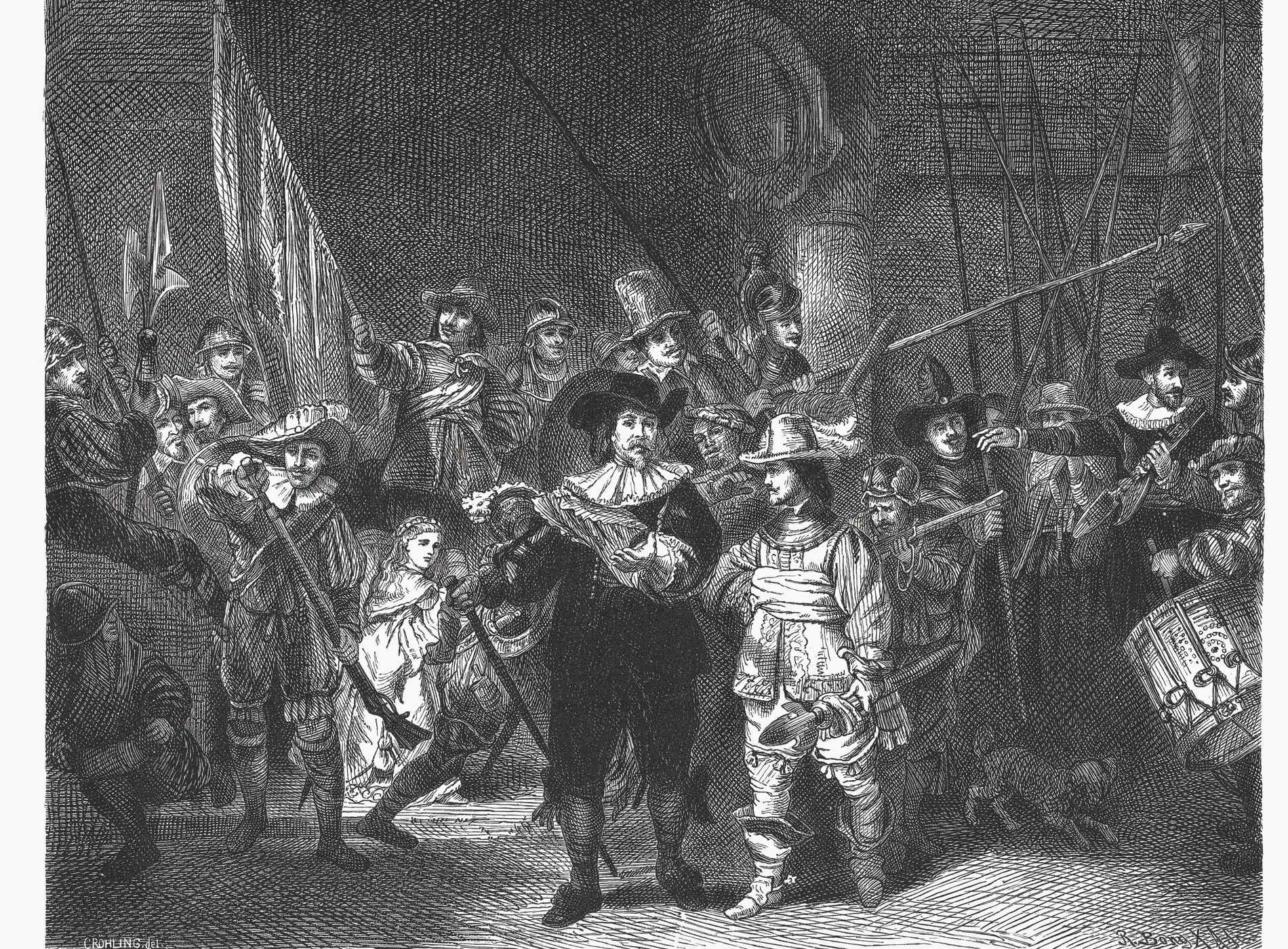 The Night Watch (Dutch: De Nachtwacht) by Rembrandt van Rijn (Dutch painter, 16ö7 - 1669). Wood engraving after a painting (1642) in the Rijksmuseum, Amsterdam, Netherlands, from the book "Art and Artists", by Dr. Robert Dohme, published by E.A. Seemann, Leipzig in 1878,