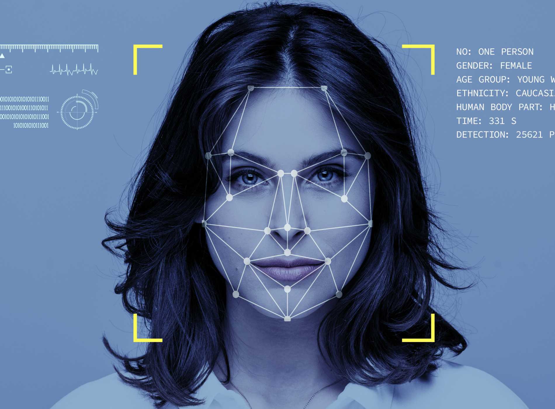 Facial Recognition System, Concept Images. Portrait of young woman.