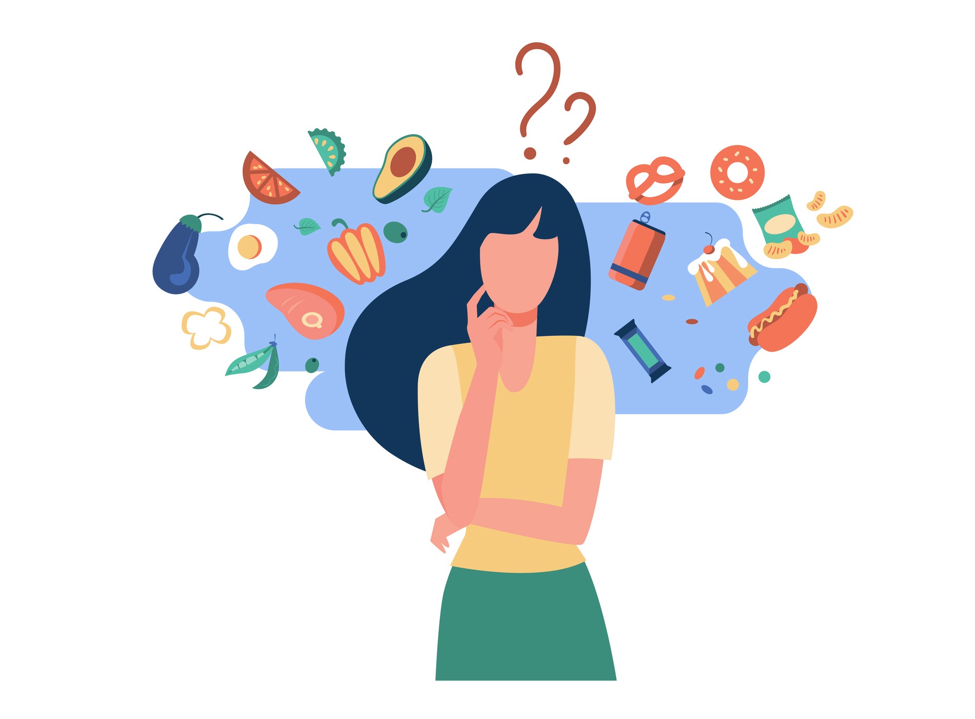 Woman choosing between healthy and unhealthy food. Character thinking over organic or junk snacks choice. Vector illustration for good vs bad diet, lifestyle, eating concepts