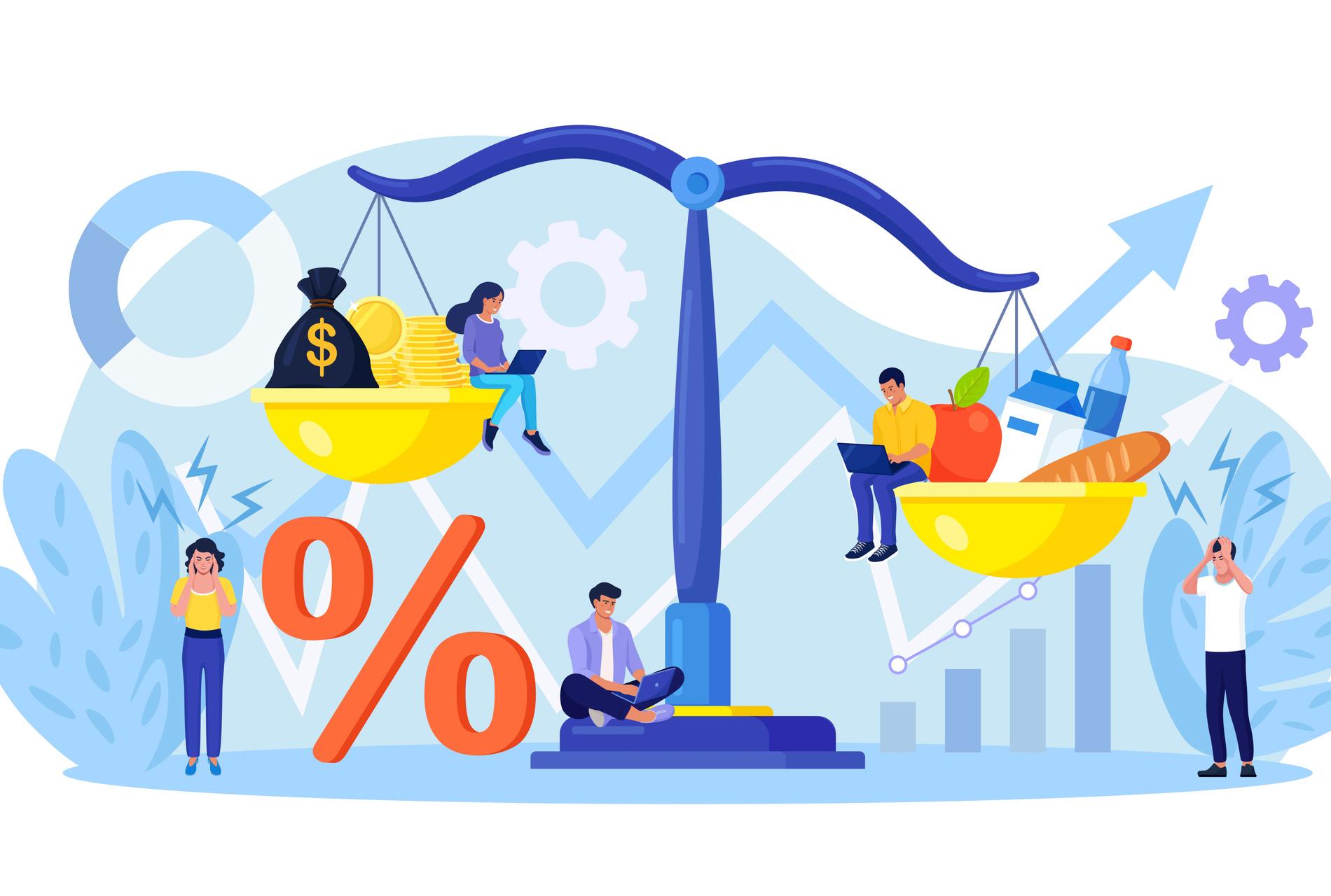 Inflation in economy. Scales with food and gold coins. Goods and services costs more value. Rising food prices. Loss of purchasing power, increase in consumer prices, fall of currency value