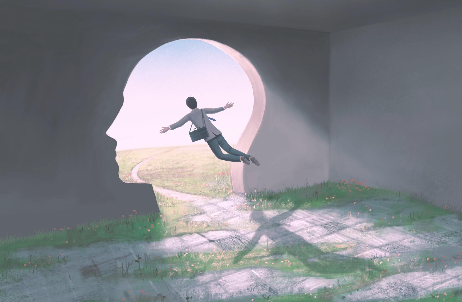 Surreal art. Concept idea of way, change, mind, life, spiritual, dream, solution, freedom and hope. Conceptual 3d illustration. painting artwork of  businessman and human head door.