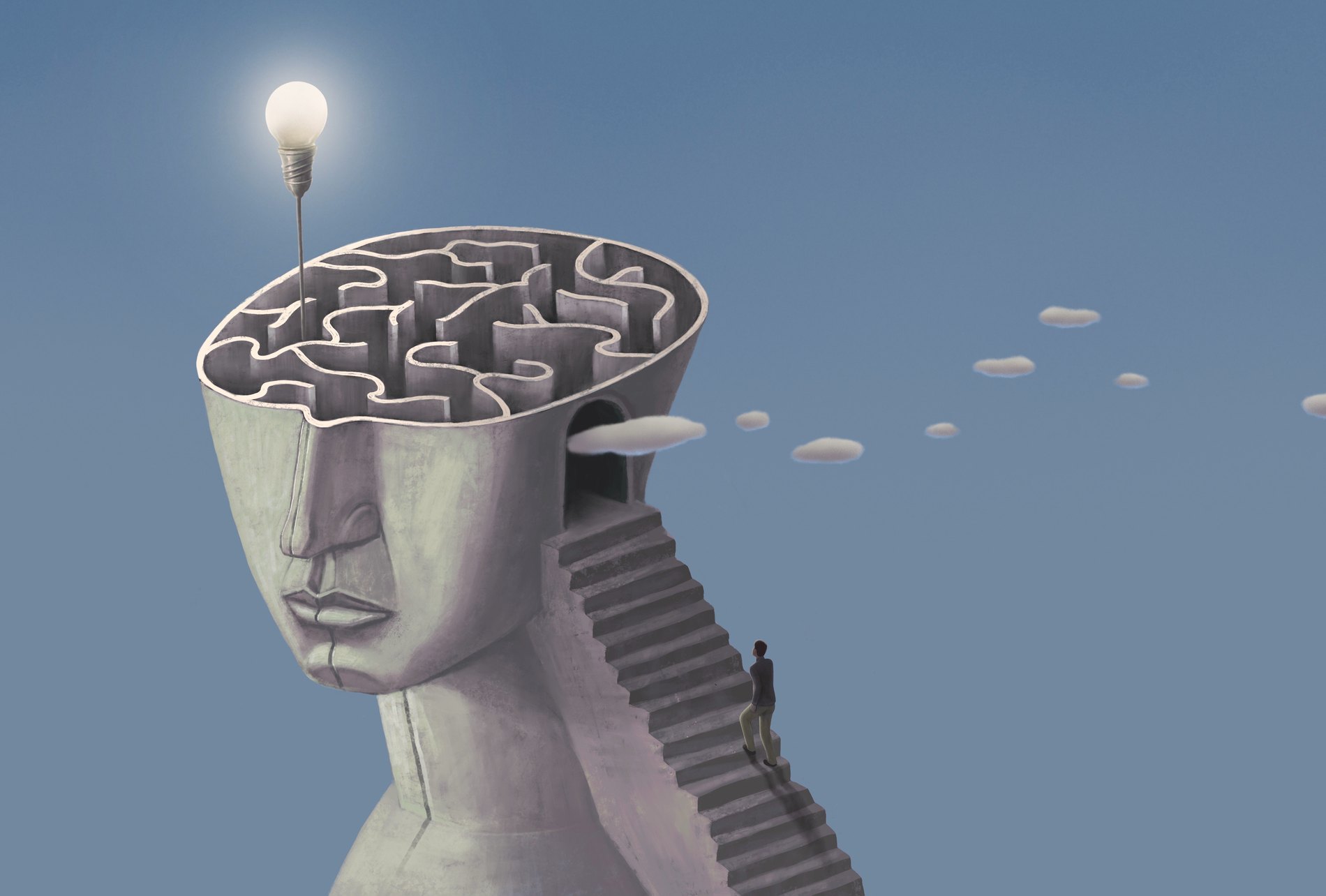 Concept idea of solution brain maze inspiration success thinking and creativity. surreal art. conceptual 3d illustration. Light bulb in labyrinth.