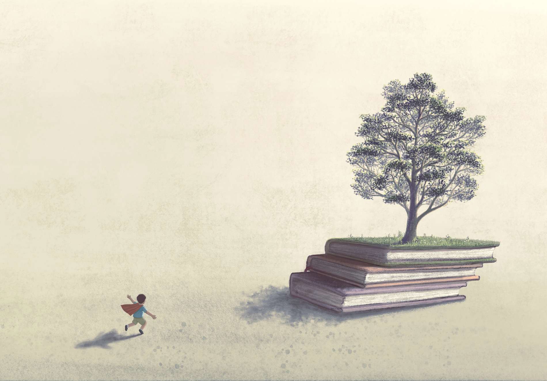 Books of tree and a boy. Concept art of education, learning, child, kid, reading, wisdom, study, school and imagination. creative background, 3d illustration. Surreal artwork. Conceptual drawing.