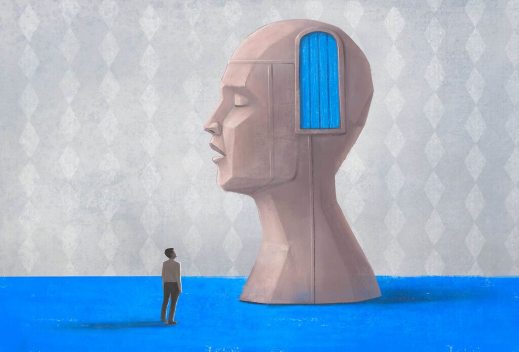 Concept art, idea of brain and psychology , surreal painting, conceptual illustration, portrait artwork