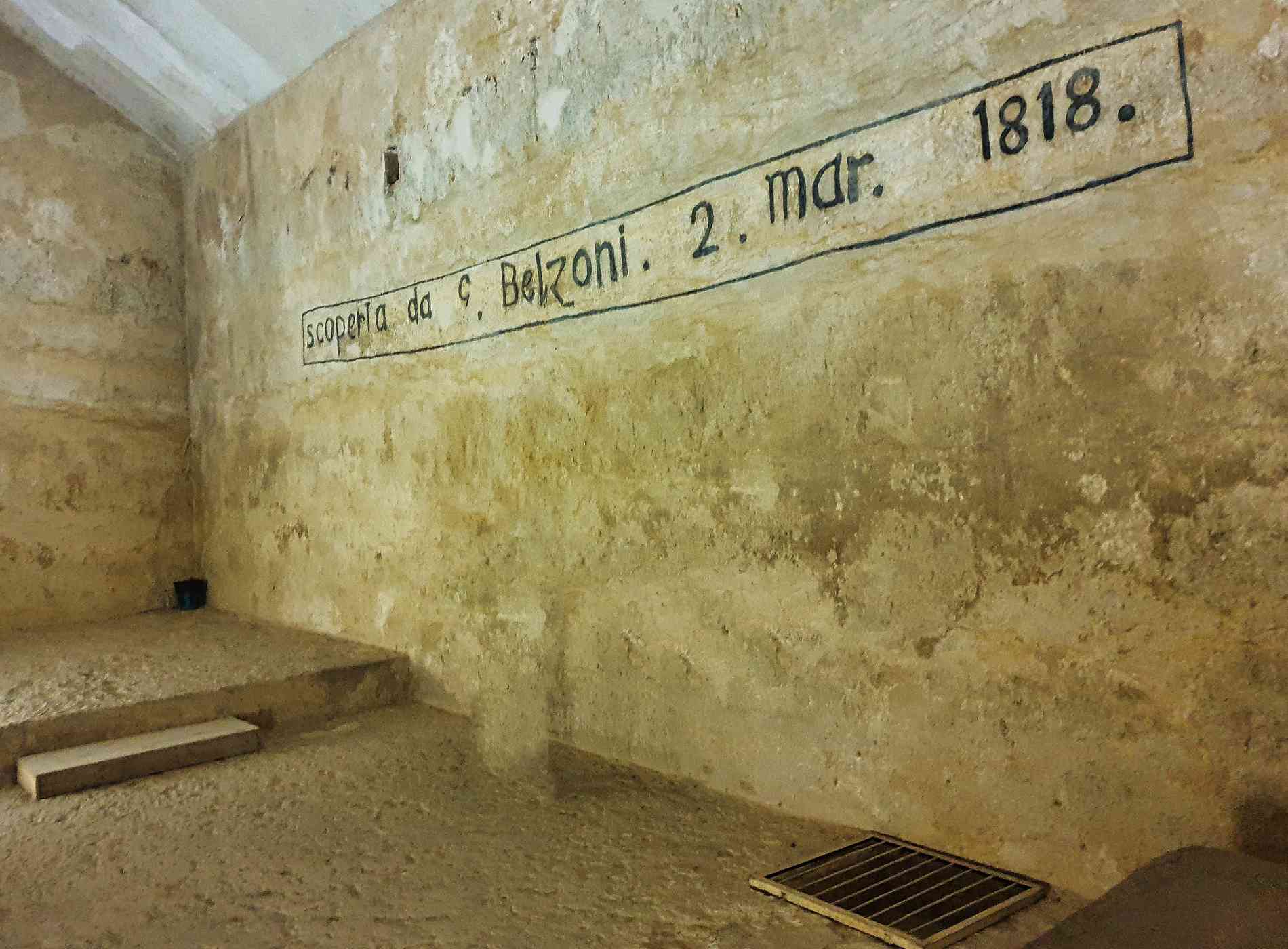 Interior of the burial chamber of Khafre inside the Great Pyramid of Khafre opened by explorer Belzoni in 1818 with his graffiti on the wall of the chamber in giza plateau near Cairo,Egypt