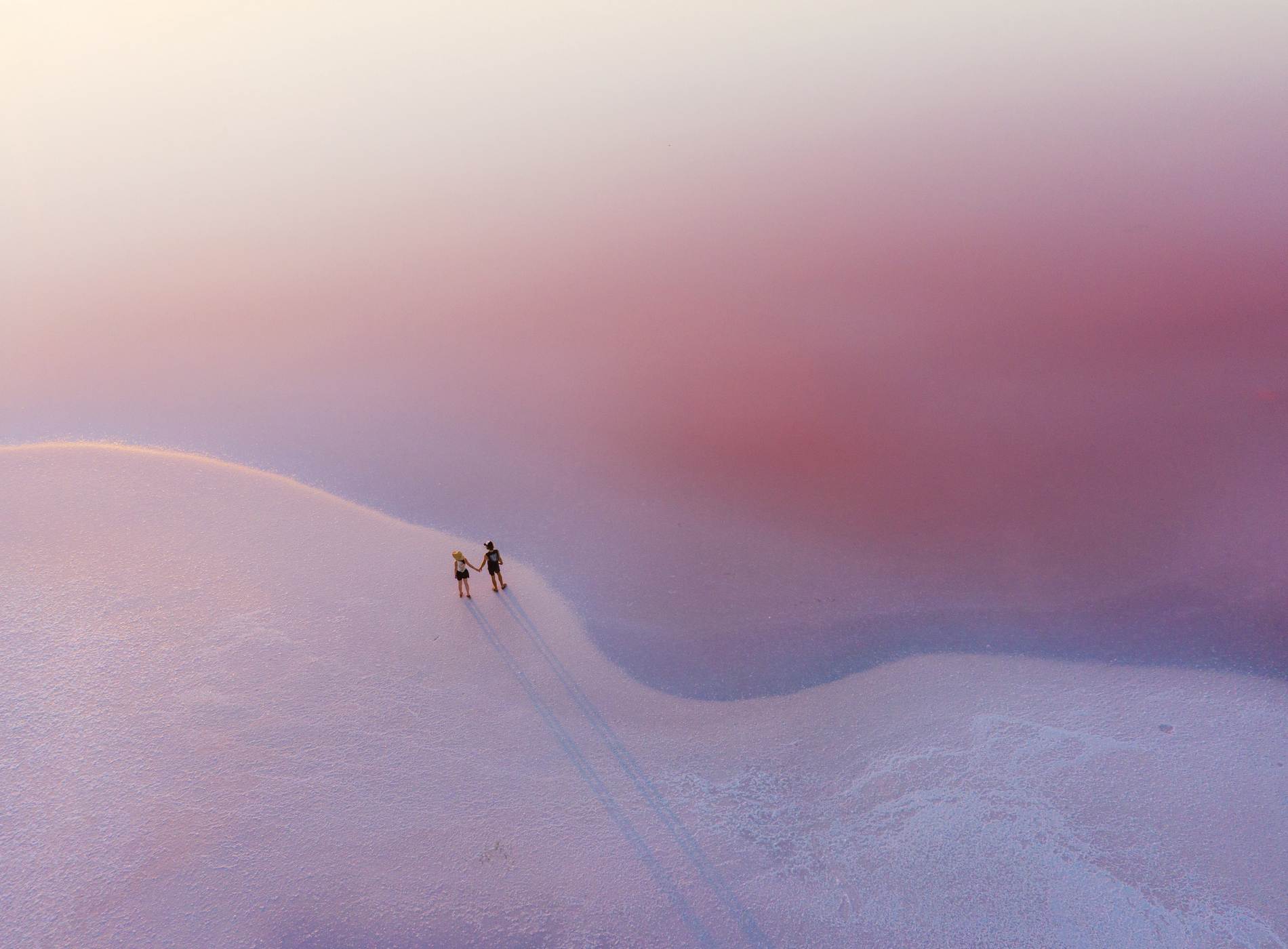 Scenic aerial view of couple walking on  pink salt lake