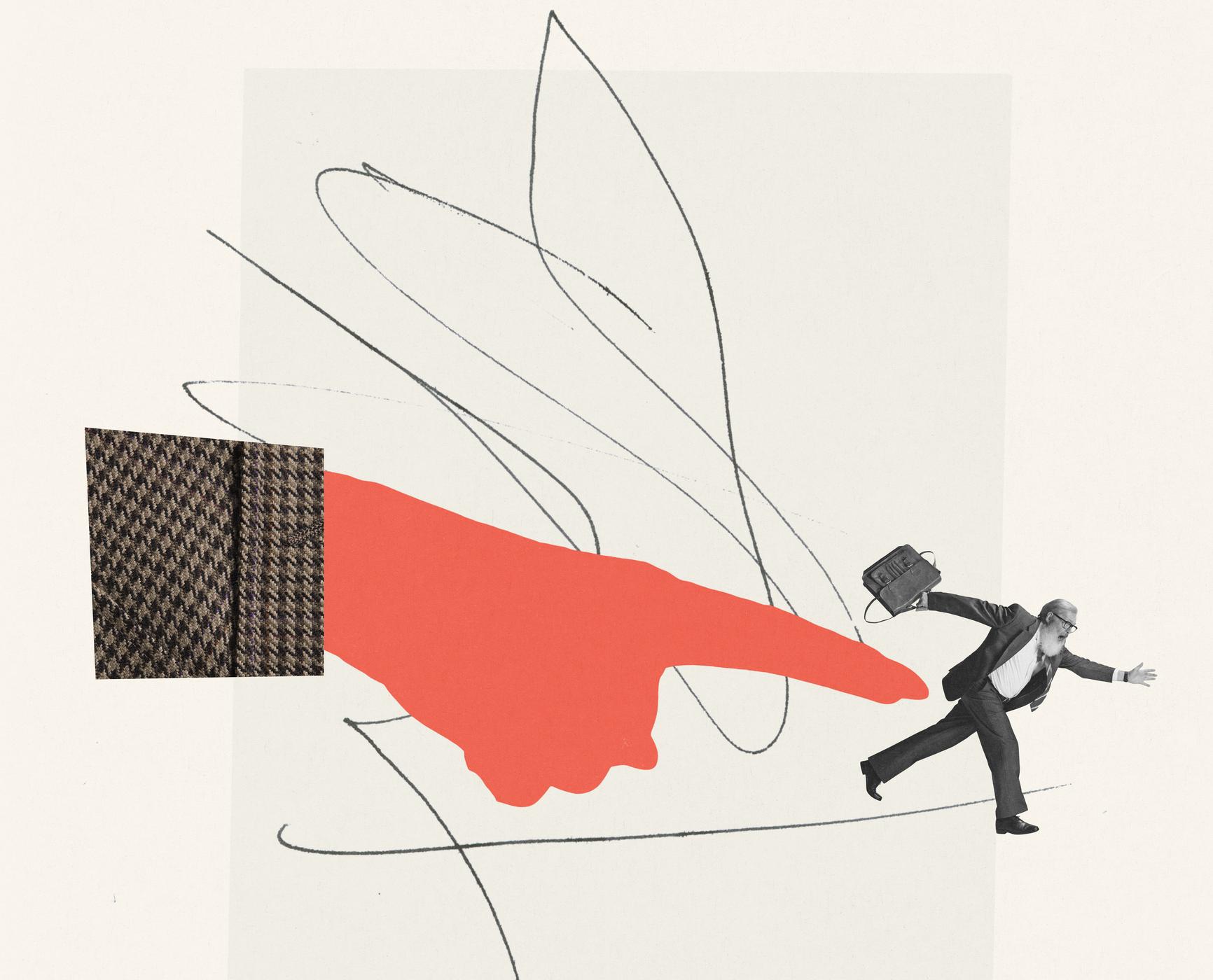 Contemporary art collage. Creative design. Giant hand pointing at running senior man, employee. Deadlines, projects and management. Concept of business, creativity, surrealism, growth, motivation