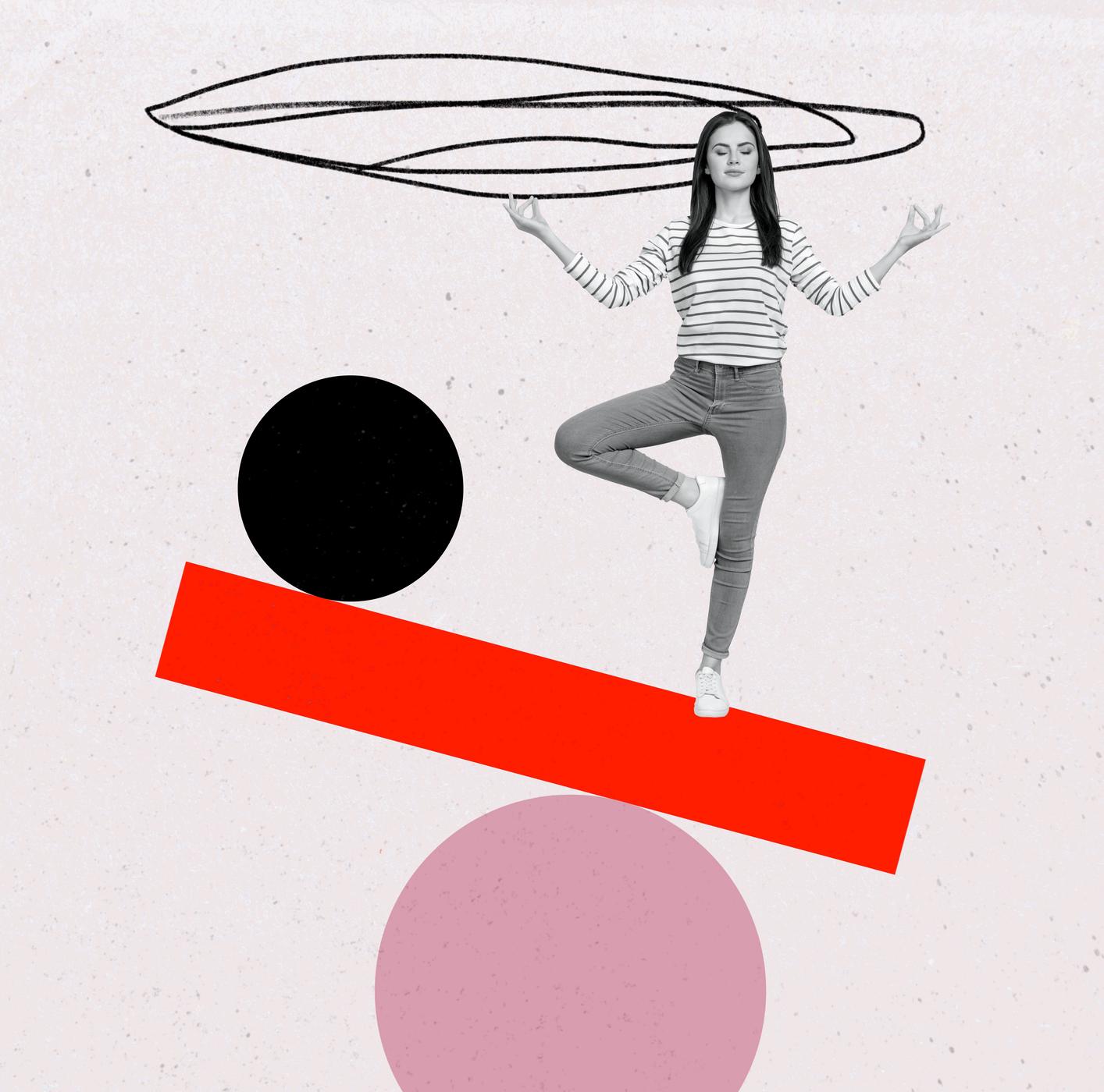 Vertical poster collage young woman meditate balance geometry figures shapes self control circle platform drawing doodles.