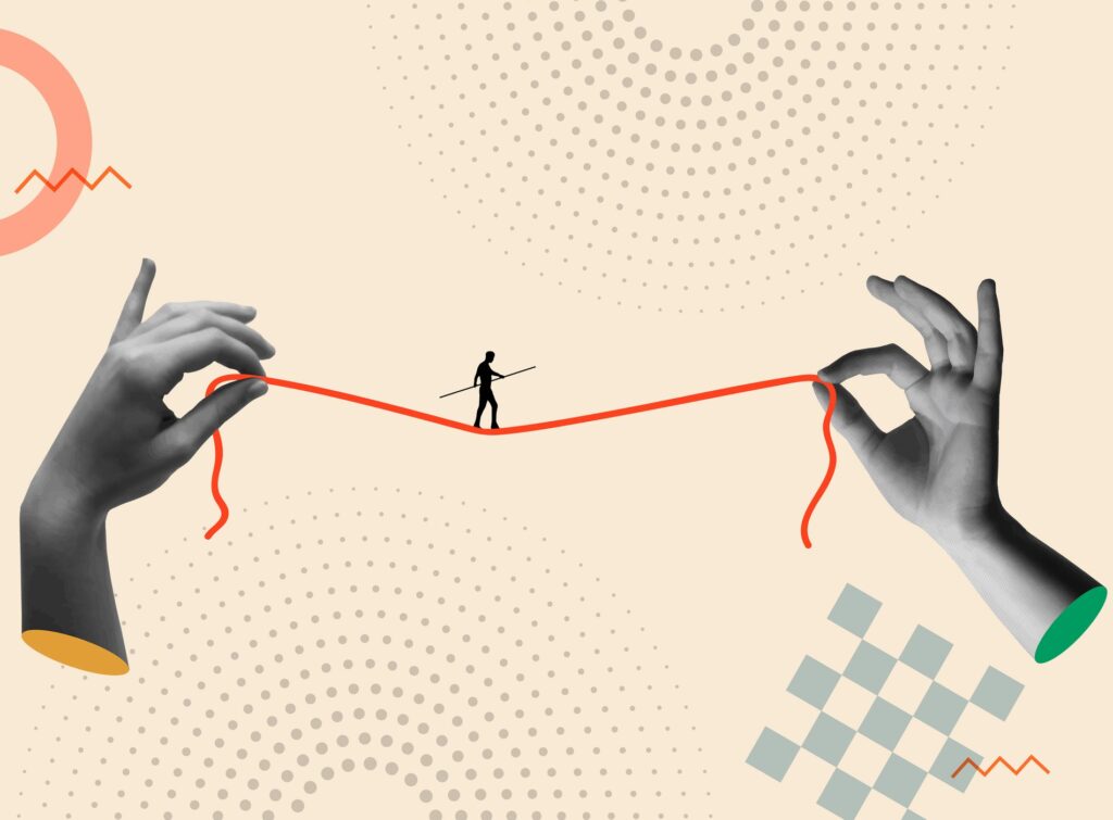 Man doing tightrope walk and human hands holding the rope in a 80s retro collage vector illustration. Contemporary art concept for financial risk, work challenge and dangerous business.