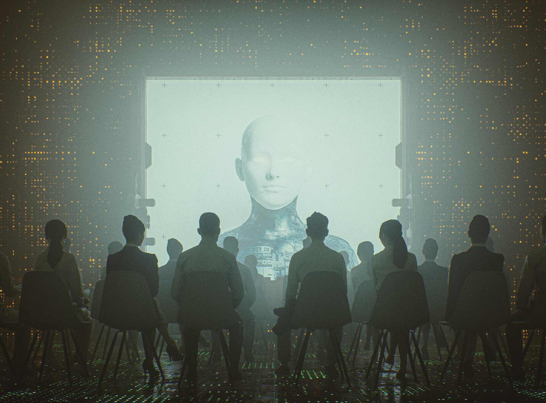 Futuristic cyborg religion and control. Image on the projection screen is my own render, already approved and in my portfolio. This is entirely 3D generated image.